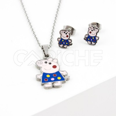 Conjunto collar y pendientes en acero Pepa Plateado