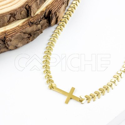 Collar en acero Hoja Cruz Dorado