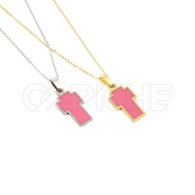 Collar en acero Cruz Rosado