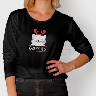Camiseta Manga Larga Gatito Navideño Personalizable