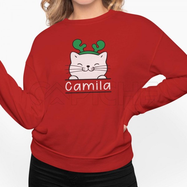 Sudadera sin Capucha Gatito Navideño Personalizable