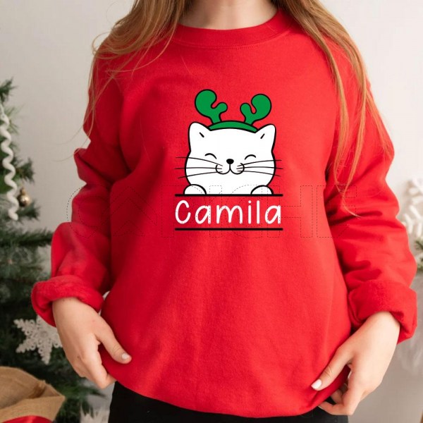 Sudadera sin Capucha Gatito Navideño Personalizable